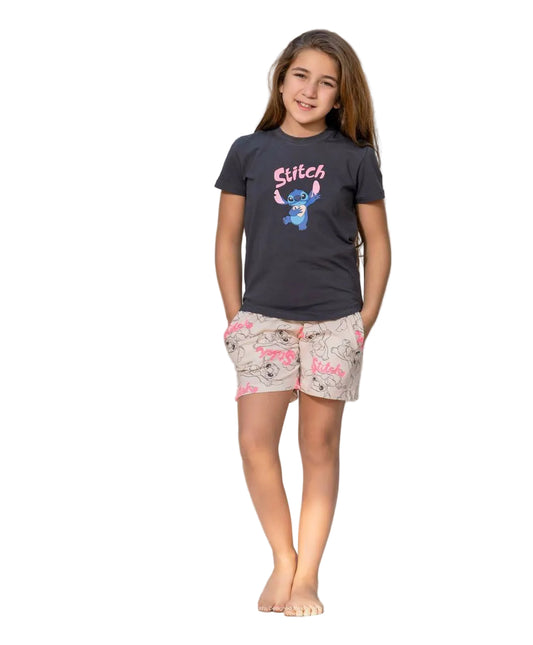 Girls Stitch Summer Shorts Set – Cute Cartoon Sleepwear for Kids 💙✨ MO3253