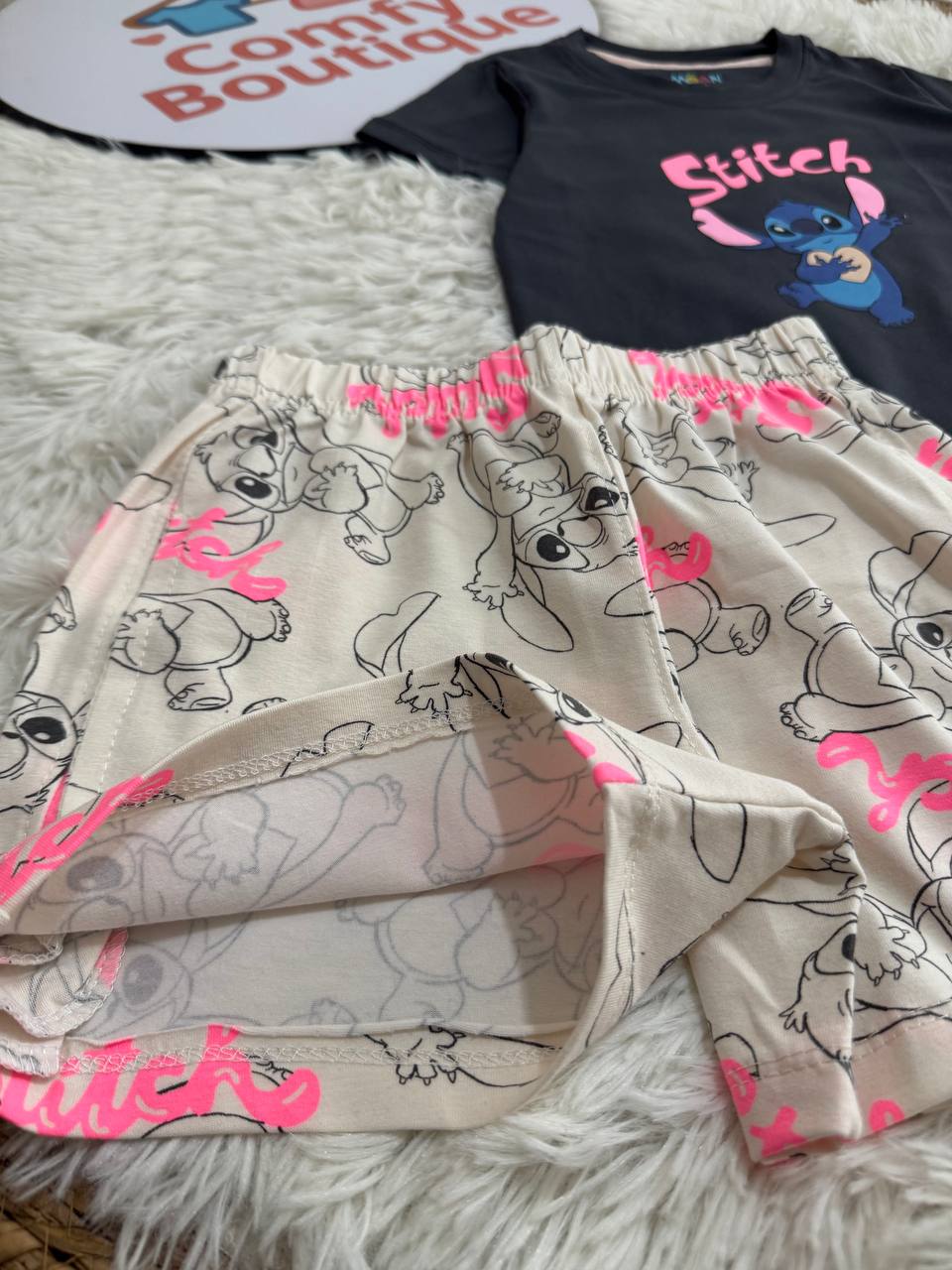 Girls Stitch Summer Shorts Set – Cute Cartoon Sleepwear for Kids 💙✨