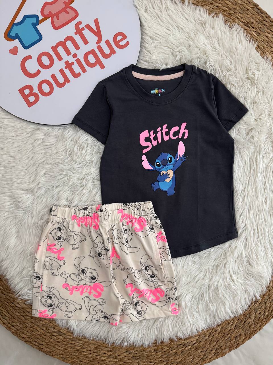 Girls Stitch Summer Shorts Set – Cute Cartoon Sleepwear for Kids 💙✨
