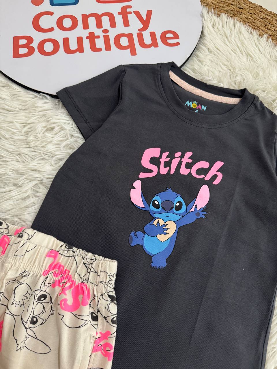 Girls Stitch Summer Shorts Set – Cute Cartoon Sleepwear for Kids 💙✨