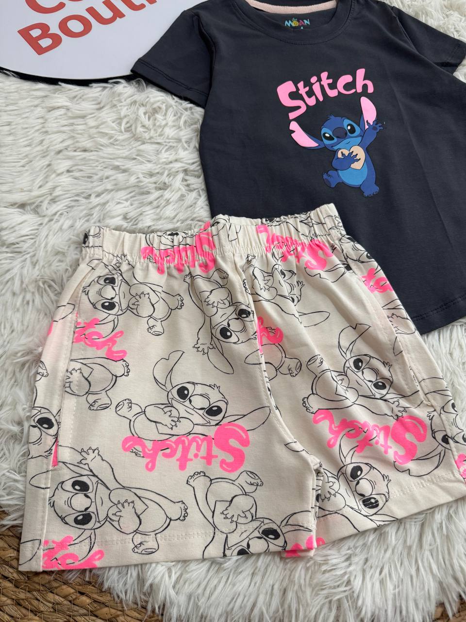 Girls Stitch Summer Shorts Set – Cute Cartoon Sleepwear for Kids 💙✨