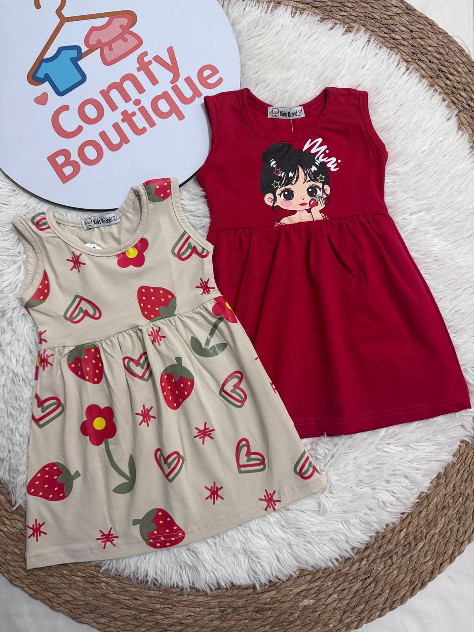 Girls Sleeveless Cotton Summer Dress – Strawberry & Mini Girl Print