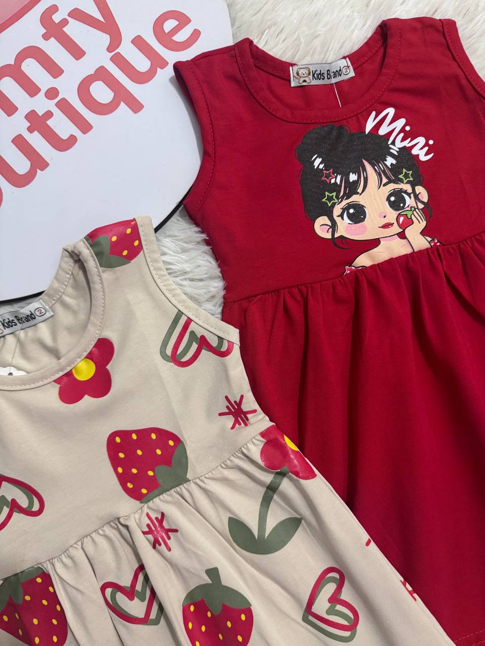 Girls Sleeveless Cotton Summer Dress – Strawberry & Mini Girl Print