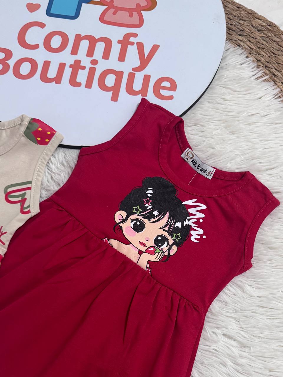 Girls Sleeveless Cotton Summer Dress – Strawberry & Mini Girl Print