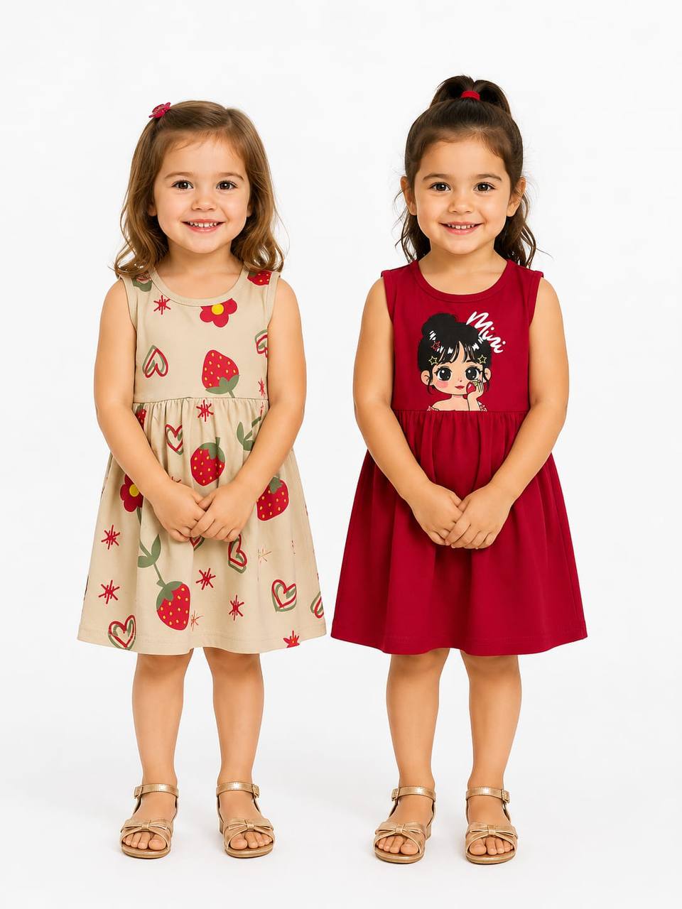 Girls Sleeveless Cotton Summer Dress – Strawberry & Mini Girl Print