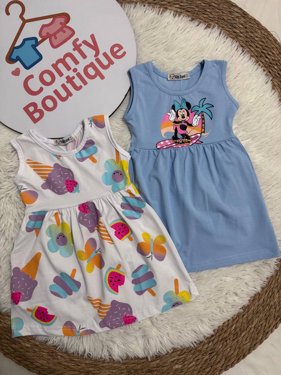 Girls Sleeveless Cotton Summer Dress – Ice Cream & Minnie Print | Soft & Comfortable