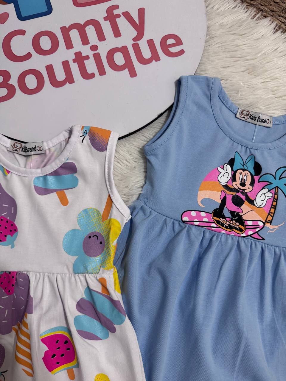 Girls Sleeveless Cotton Summer Dress – Ice Cream & Minnie Print | Soft & Comfortable