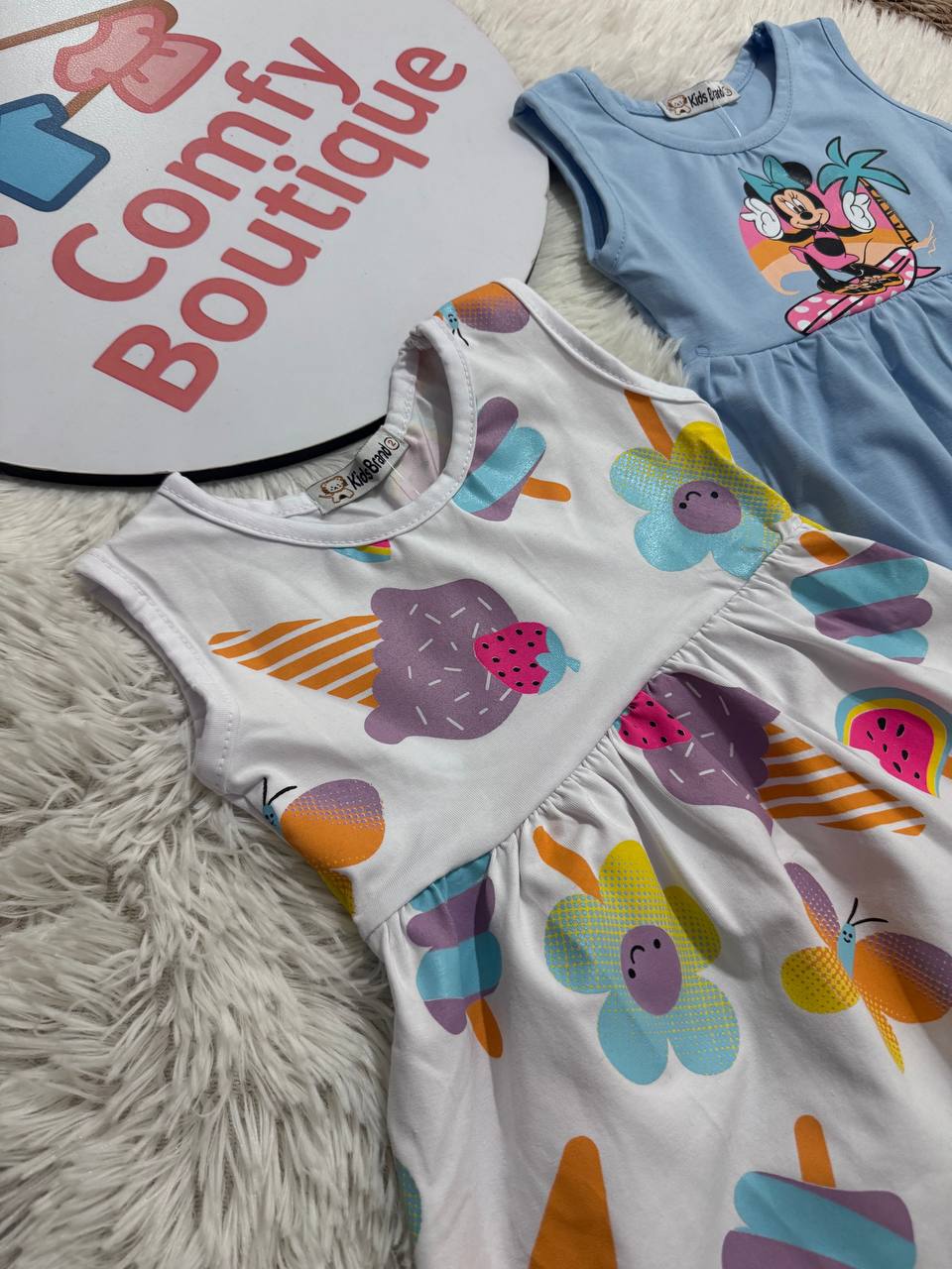 Girls Sleeveless Cotton Summer Dress – Ice Cream & Minnie Print | Soft & Comfortable