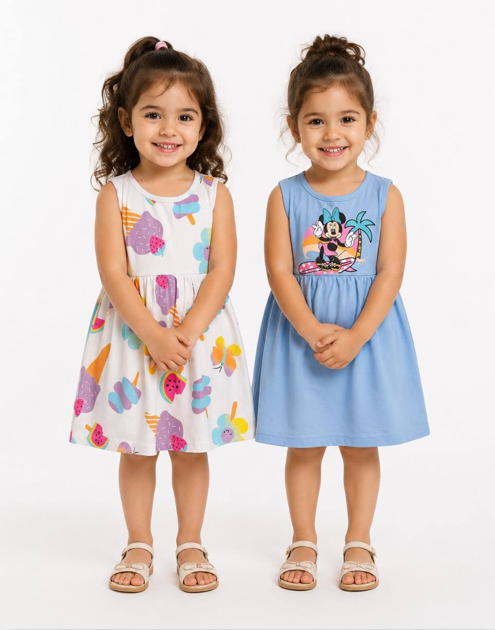 Girls Sleeveless Cotton Summer Dress – Ice Cream & Minnie Print | Soft & Comfortable