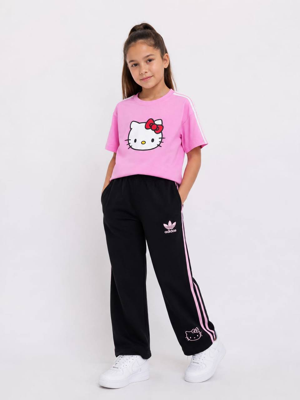 Girls Hello Kitty Cotton T-Shirt & Wide Leg Pants Set – Trendy Casual Outfit