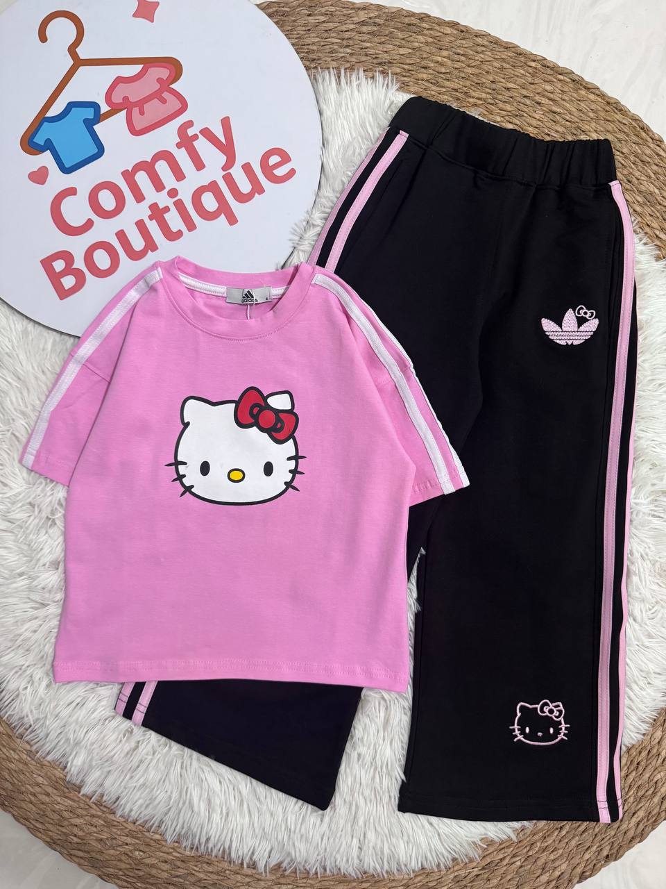 Girls Hello Kitty Cotton T-Shirt & Wide Leg Pants Set – Trendy Casual Outfit