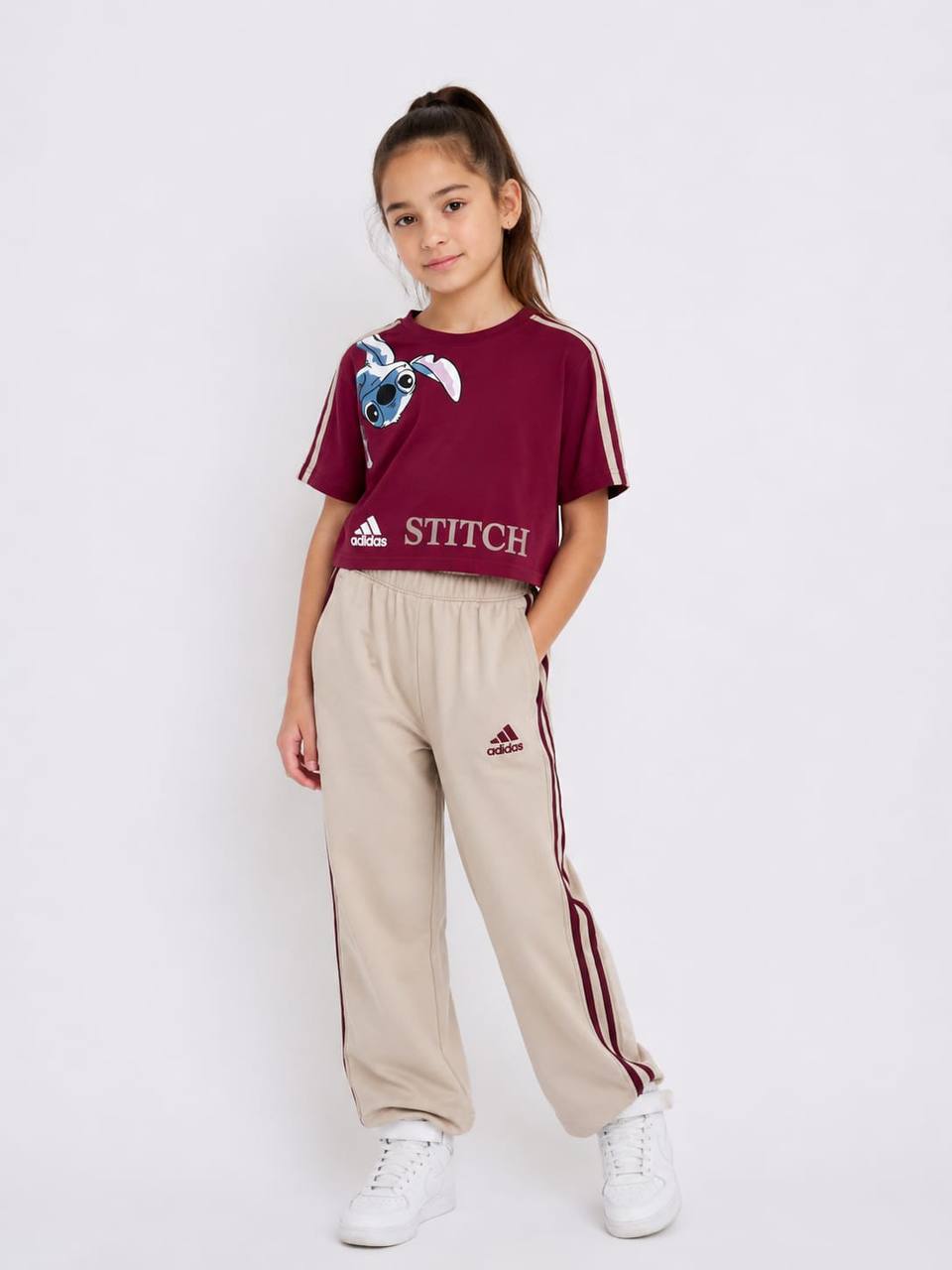 Girls Stitch Cotton Two-Piece Set – Burgundy Top & Beige Pants
