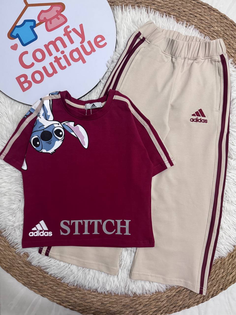 Girls Stitch Cotton Two-Piece Set – Burgundy Top & Beige Pants