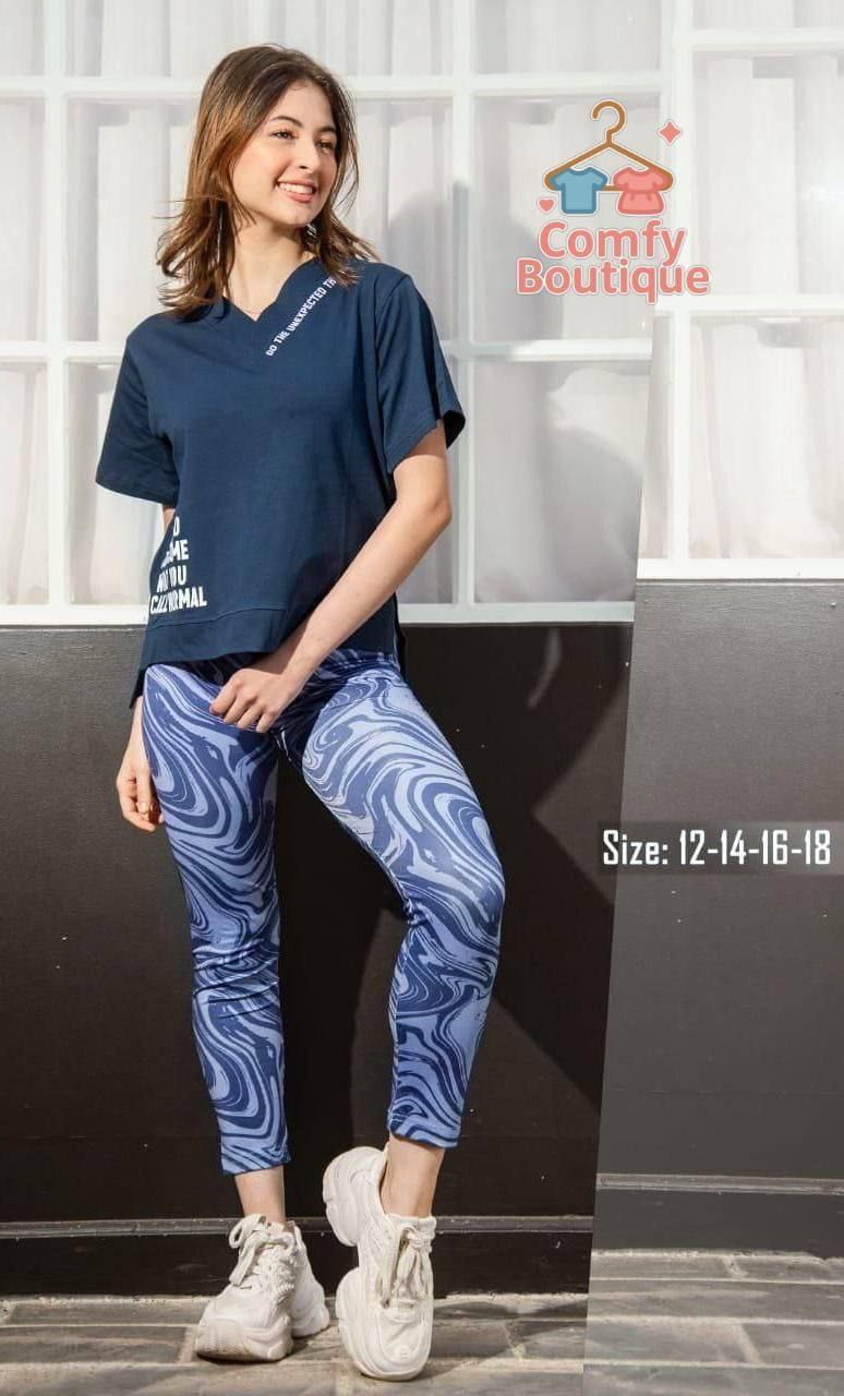 Girls Navy Oversized T-Shirt & Blue Marble Leggings Set | Casual Summer Outfit