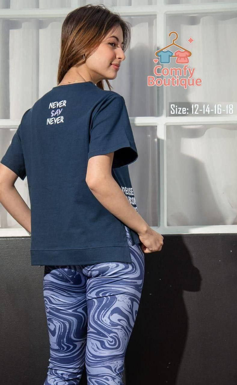 Girls Navy Oversized T-Shirt & Blue Marble Leggings Set | Casual Summer Outfit