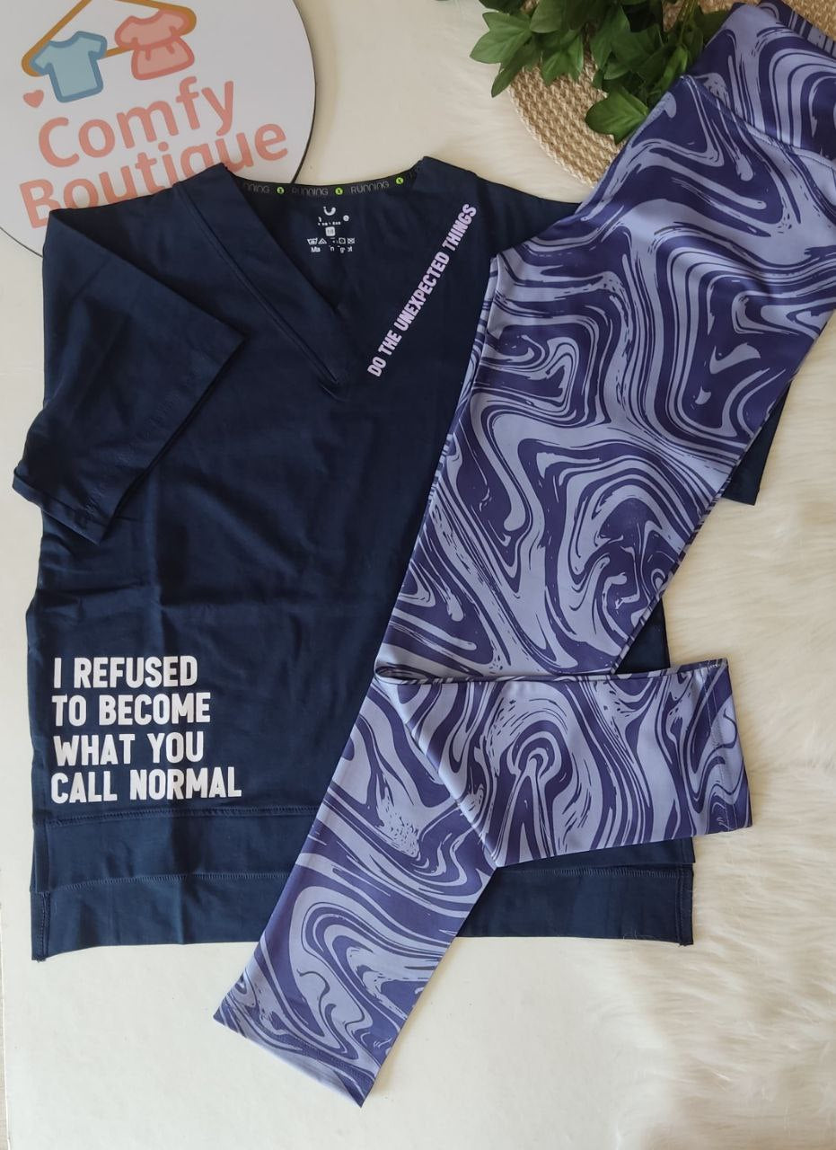 Girls Navy Oversized T-Shirt & Blue Marble Leggings Set | Casual Summer Outfit