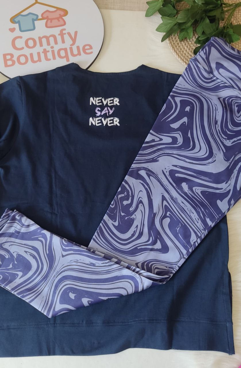 Girls Navy Oversized T-Shirt & Blue Marble Leggings Set | Casual Summer Outfit