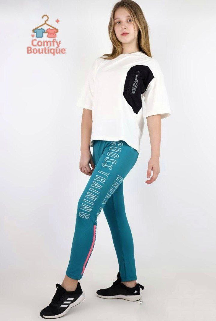 Girls Oversized Pocket Tee & Printed Leggings Set | White & Teal | Casual Sport Outfit