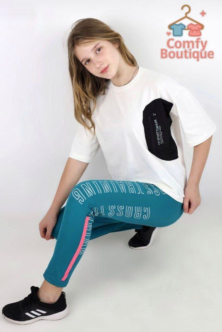 Girls Oversized Pocket Tee & Printed Leggings Set | White & Teal | Casual Sport Outfit