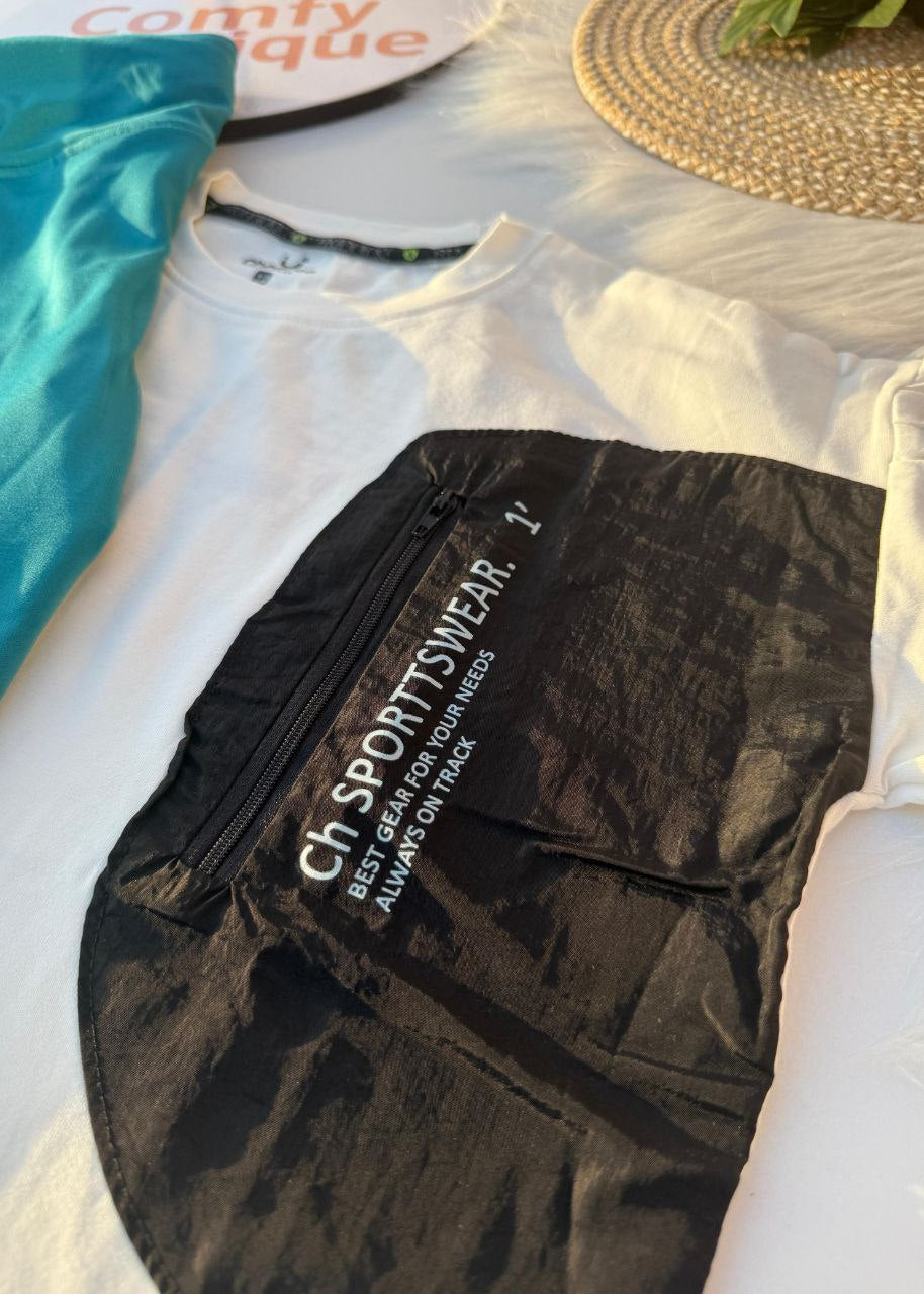 Girls Oversized Pocket Tee & Printed Leggings Set | White & Teal | Casual Sport Outfit