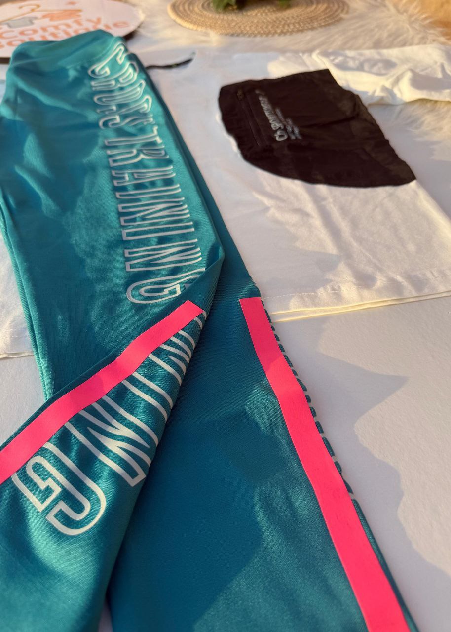 Girls Oversized Pocket Tee & Printed Leggings Set | White & Teal | Casual Sport Outfit