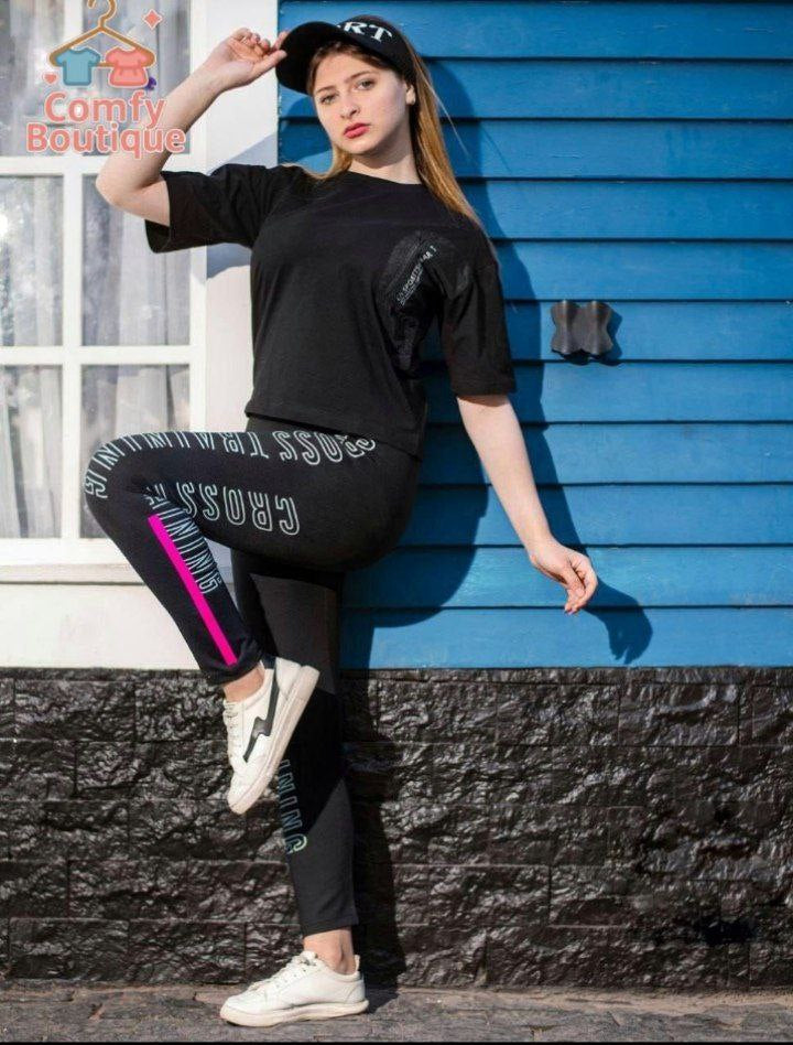 Girls Oversized Pocket Tee & Printed Leggings Set | Black | Casual Sportswear Outfit