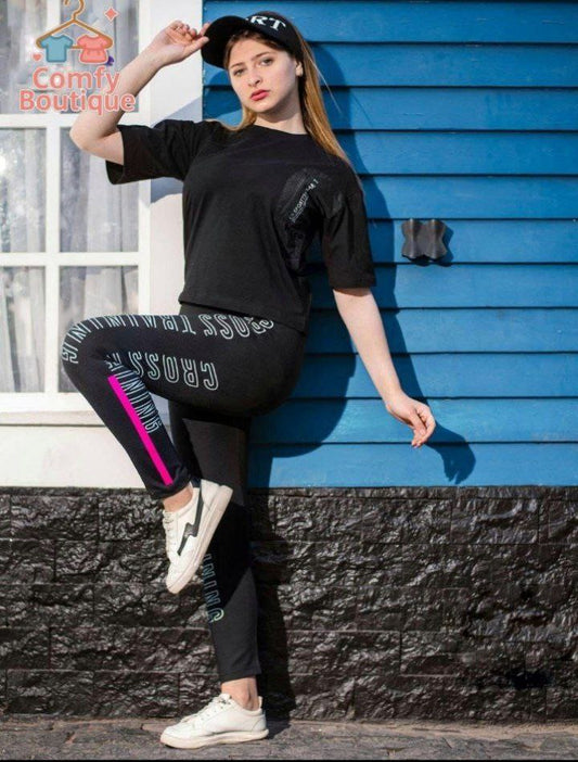 Girls Oversized Pocket Tee & Printed Leggings Set | Black | Casual Sportswear Outfit|M4016B