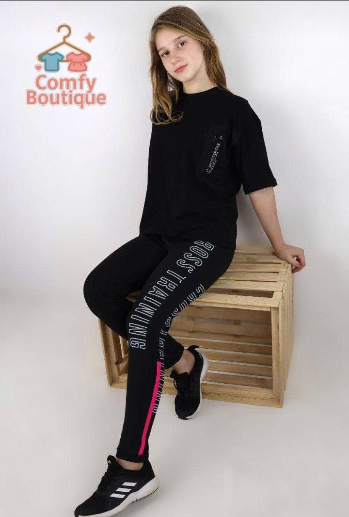 Girls Oversized Pocket Tee & Printed Leggings Set | Black | Casual Sportswear Outfit