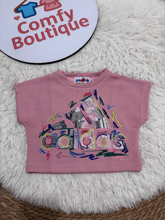 Girls Waffle Knit Cropped T-Shirt | Pink Adidas Graphic | Casual Summer Top|JM9046