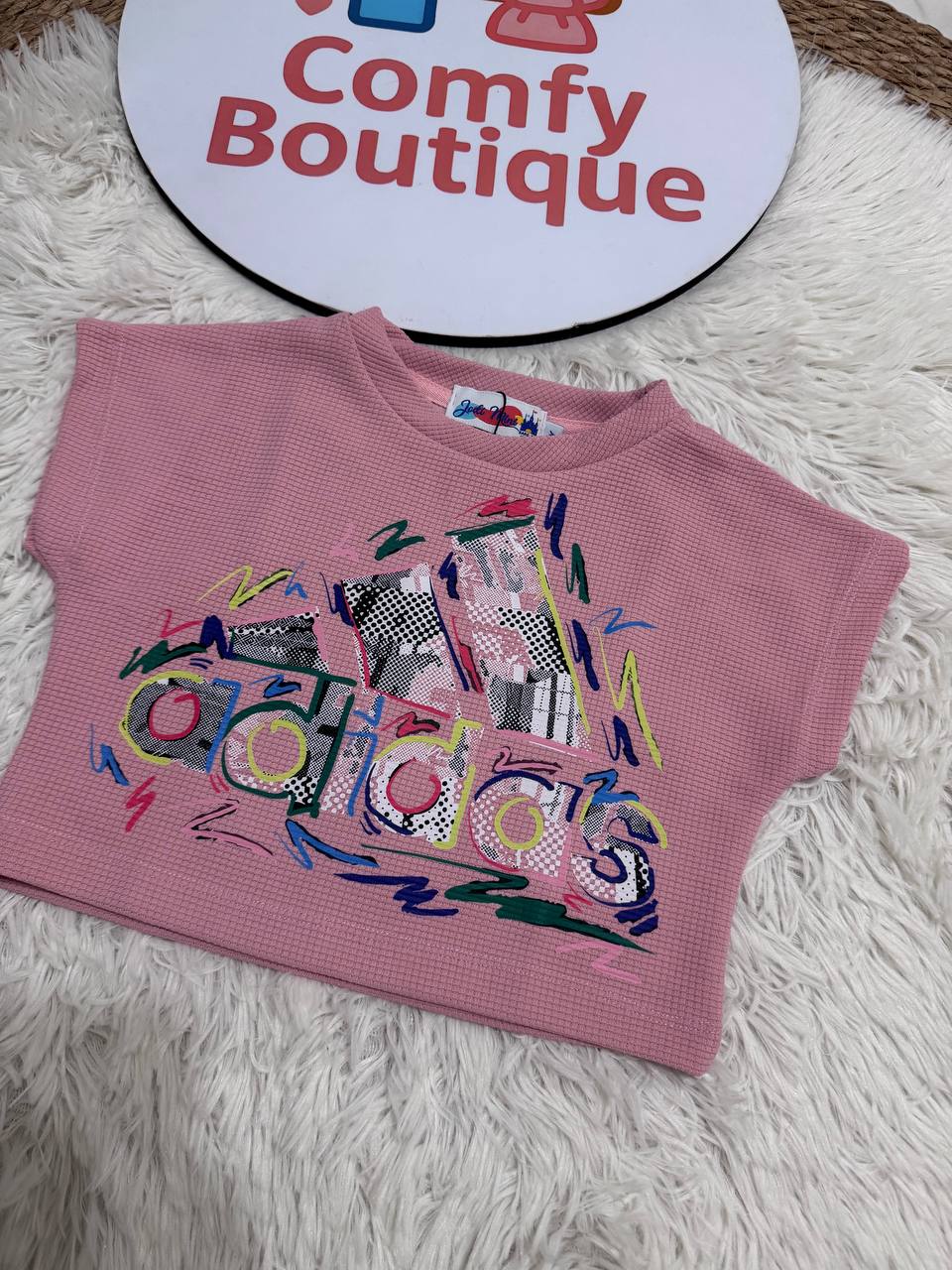 Girls Waffle Knit Cropped T-Shirt | Pink Adidas Graphic | Casual Summer Top