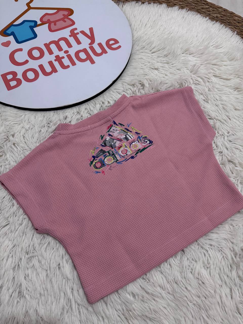 Girls Waffle Knit Cropped T-Shirt | Pink Adidas Graphic | Casual Summer Top