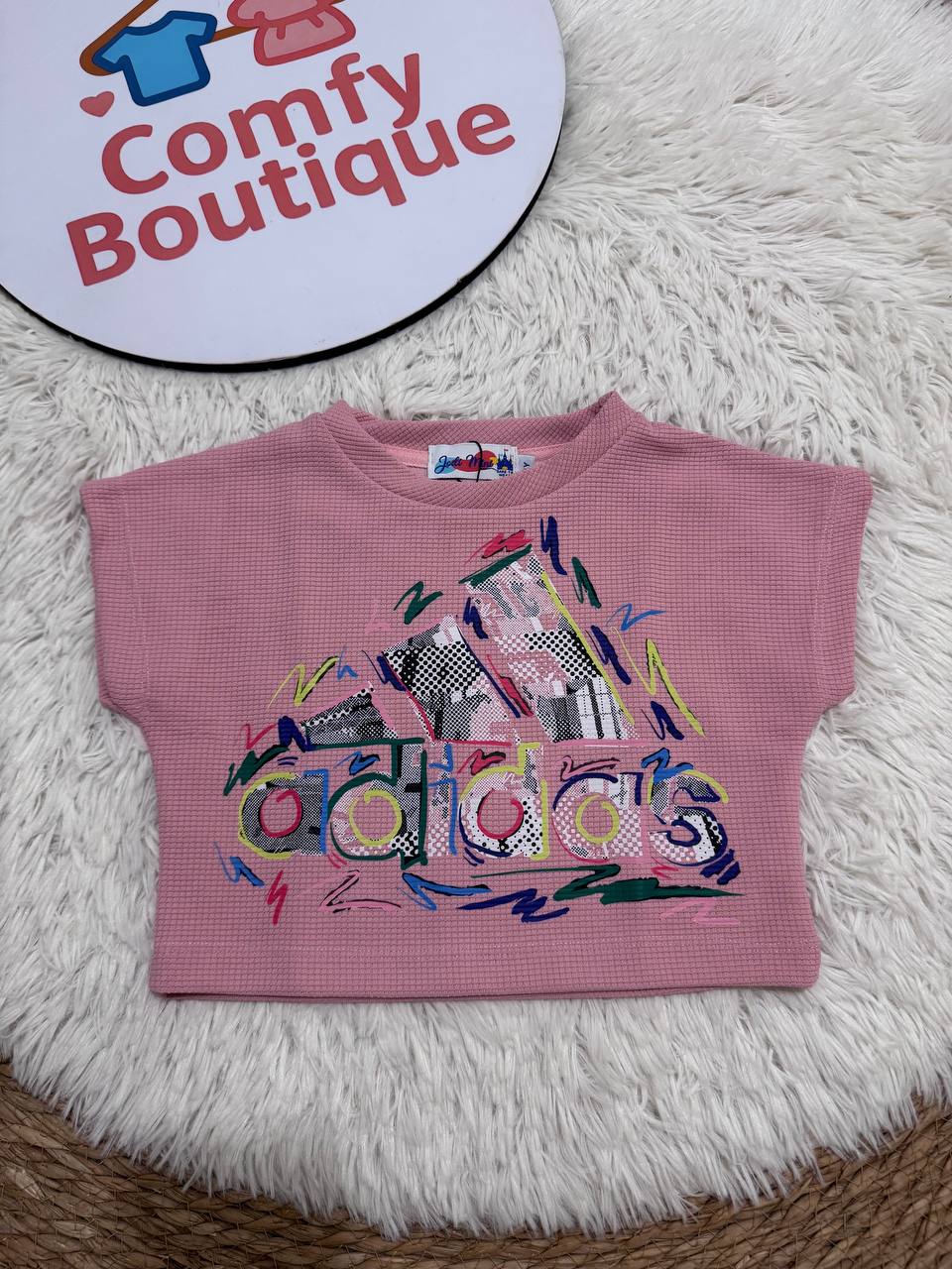 Girls Waffle Knit Cropped T-Shirt | Pink Adidas Graphic | Casual Summer Top