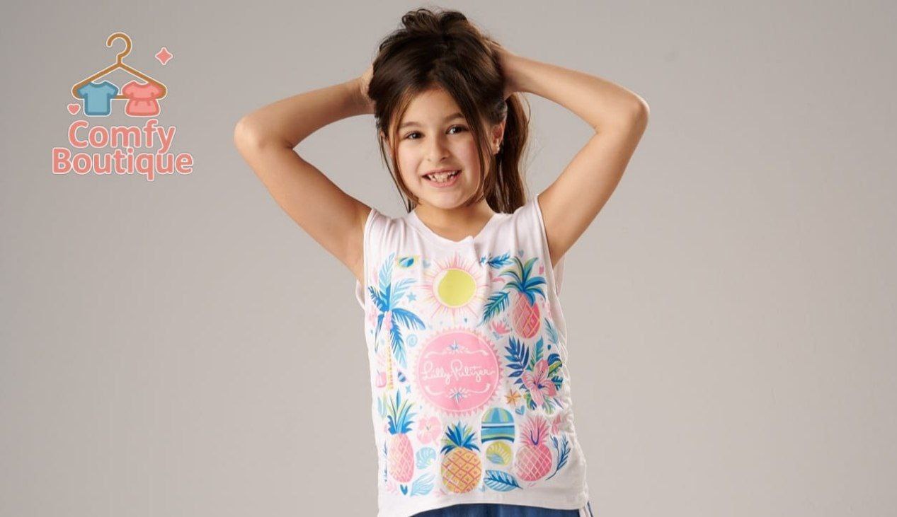 Girls Tropical Pineapple Graphic Sleeveless Top | White Summer Tank | Casual Kids T-Shirt
