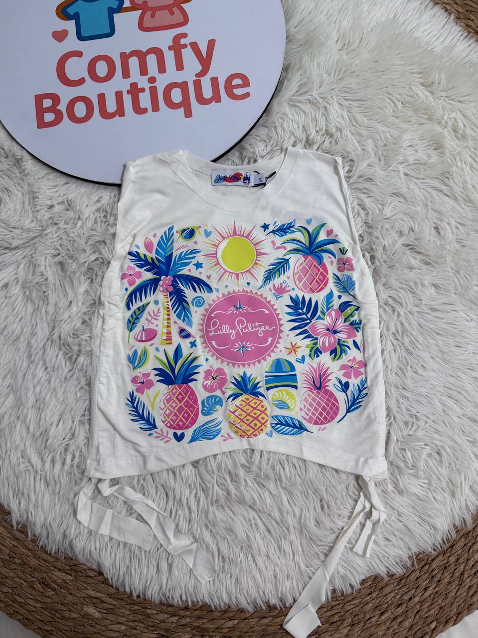 Girls Tropical Pineapple Graphic Sleeveless Top | White Summer Tank | Casual Kids T-Shirt