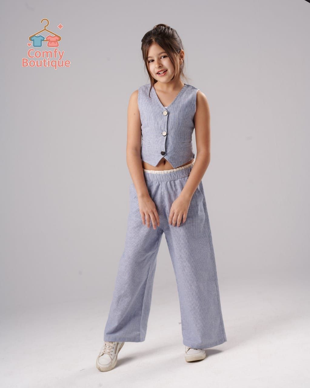 Girls Ribbed Vest & Wide Leg Pants Set | Light Blue | Sleeveless Summer Co-ord Outfit