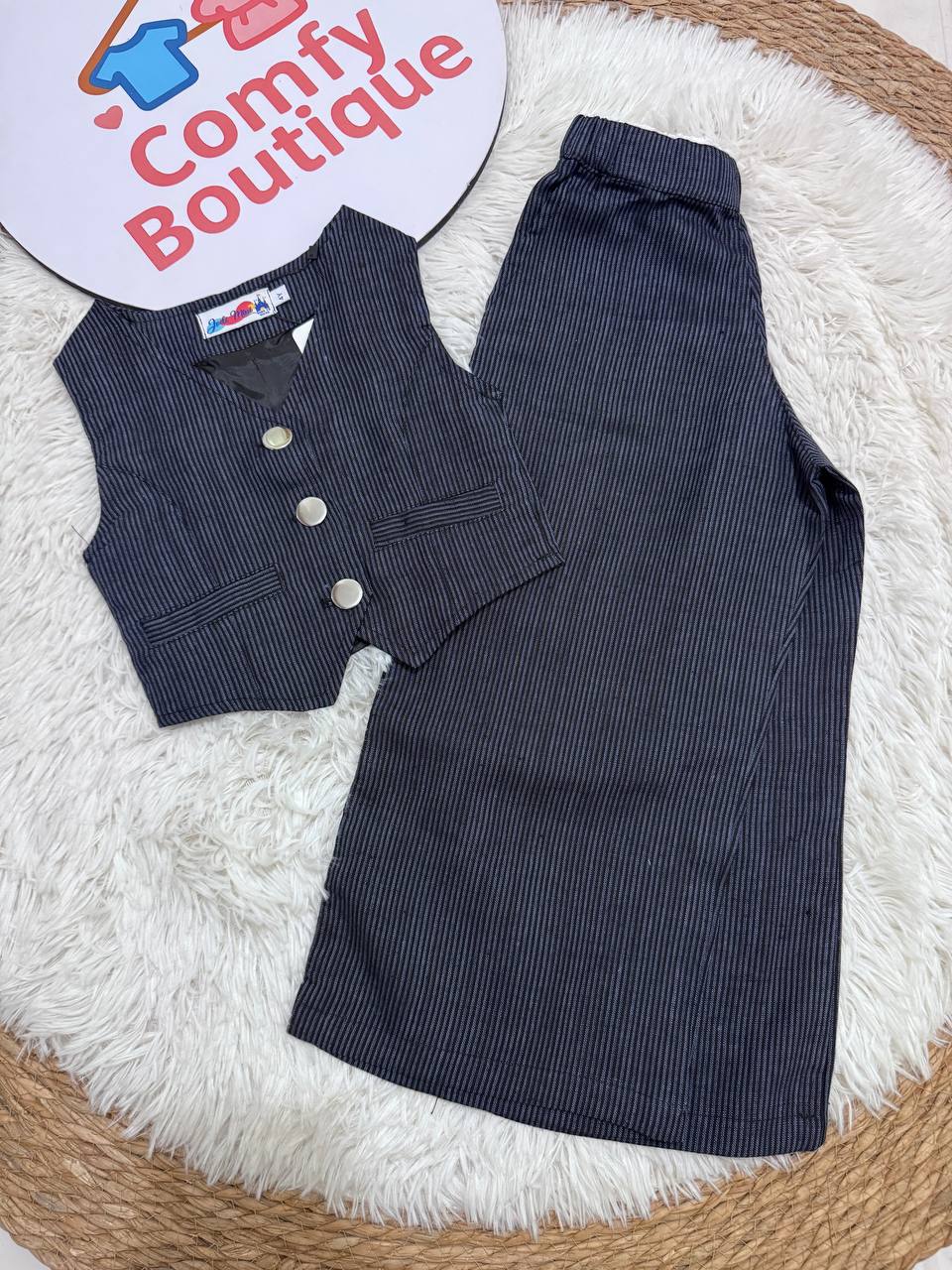 Girls Ribbed Vest & Wide Leg Pants Set |NavyBlue | Sleeveless Summer Co-ord Outfit