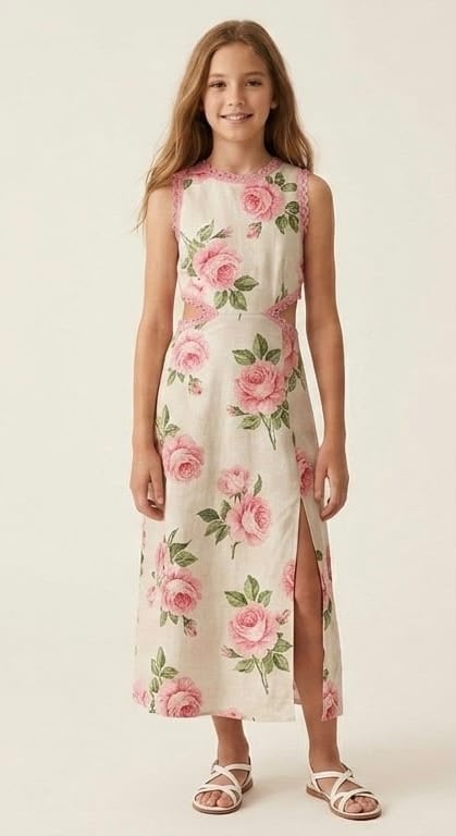 Girls’ Pink Floral Sleeveless Dress – Elegant Summer A-Line Dress