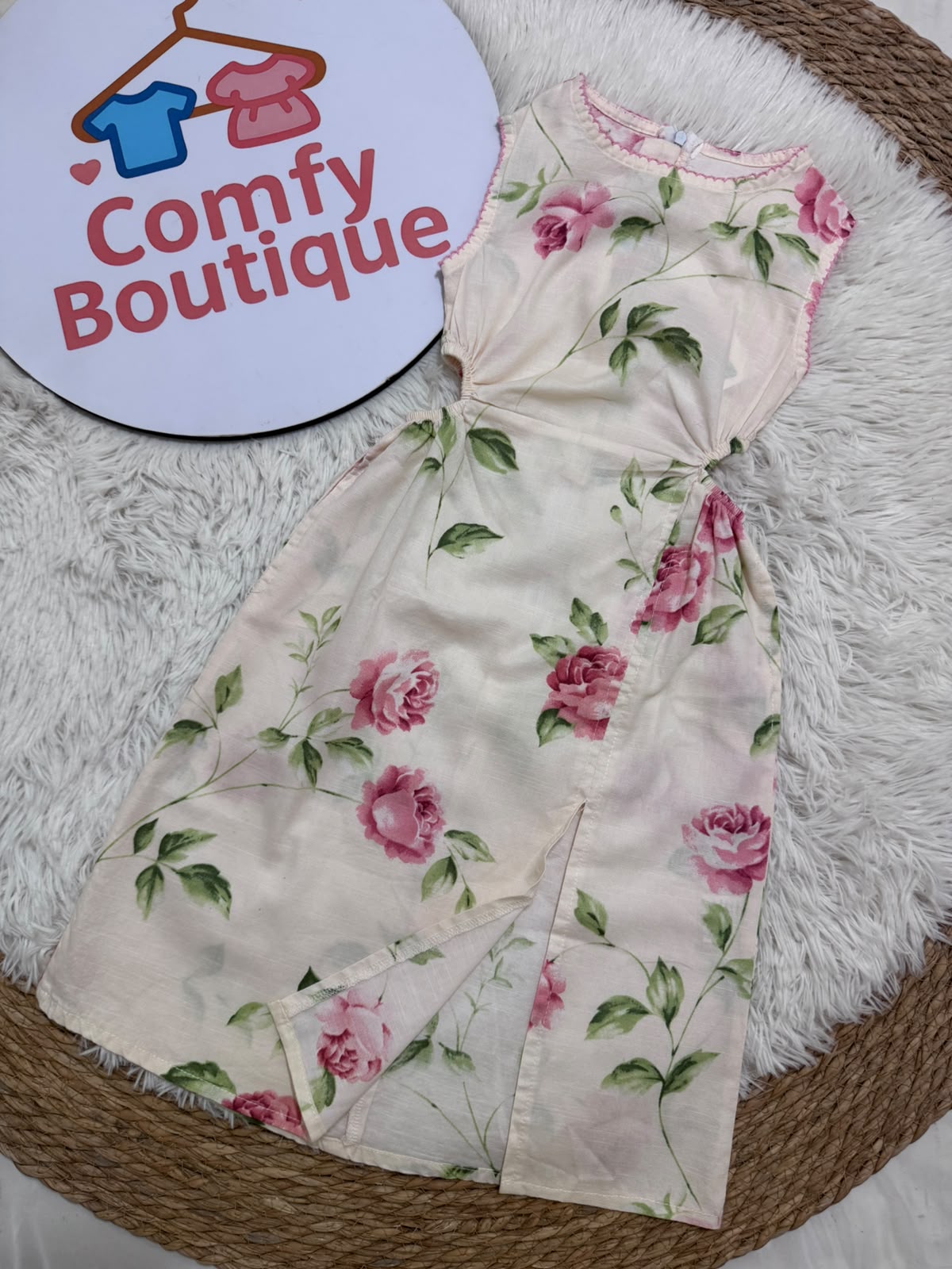 Girls’ Pink Floral Sleeveless Dress – Elegant Summer A-Line Dress