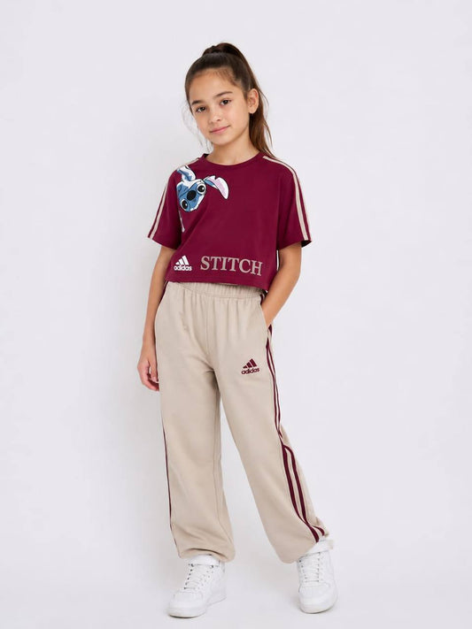 Girls Stitch Wide Leg Pants Set – WR015G - Burgundy Crop T-Shirt & Beige Trousers WR015G