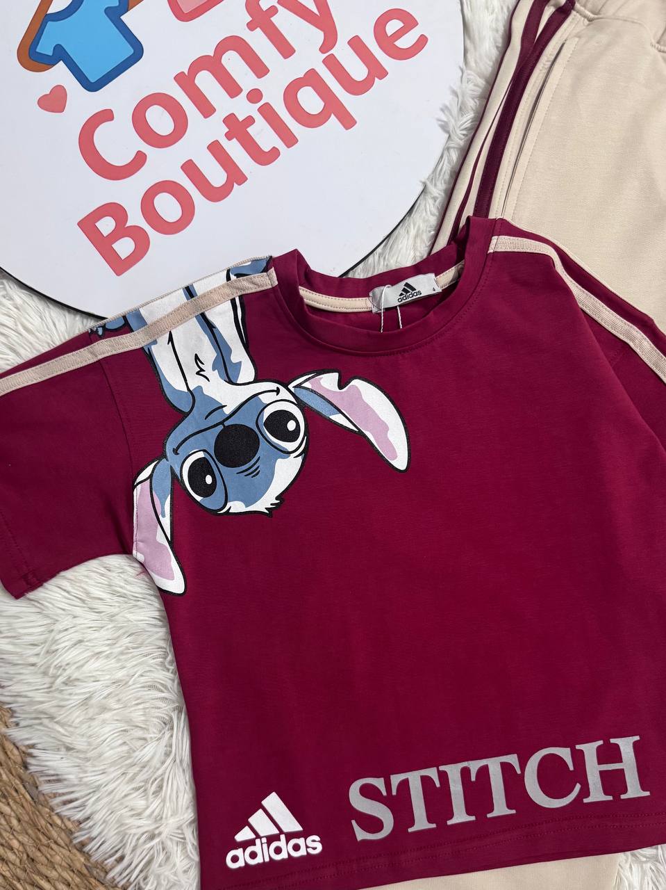 Girls Stitch Wide Leg Pants Set – Burgundy Crop T-Shirt & Beige Trousers WR015G