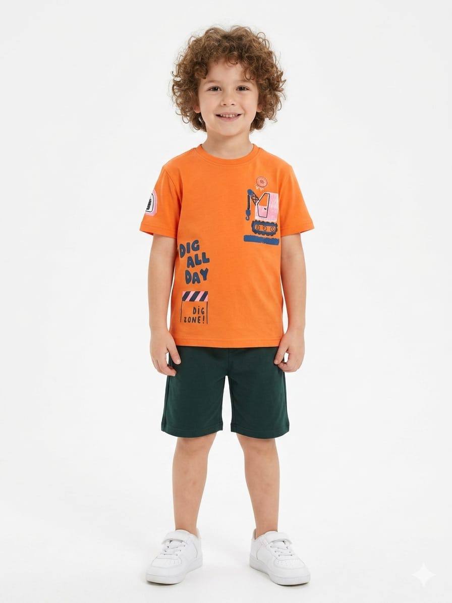 Boys Cotton Summer Set – Graphic Print T-Shirt & Shorts | Spider & Construction Designs | Pack of 2 Code WR008B