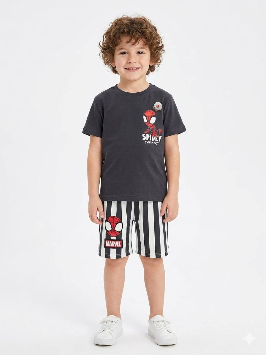 Boys Cotton Summer Set – Graphic Print T-Shirt & Shorts | Spider & Construction Designs | Pack of 2 Code WR008B