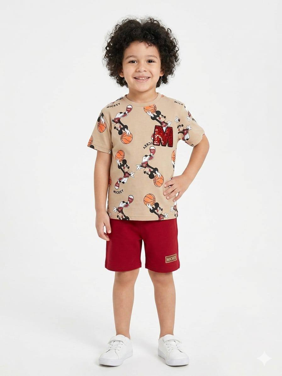 Boys Dinosaur Print Summer Outfit – Blue Cotton T-Shirt & Brown Striped Short Pack of 2 WR007B