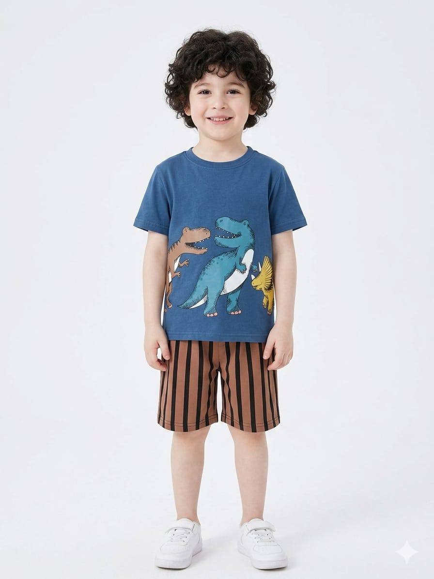 Boys Dinosaur Print Summer Outfit – Blue Cotton T-Shirt & Brown Striped Short Pack of 2 WR007B