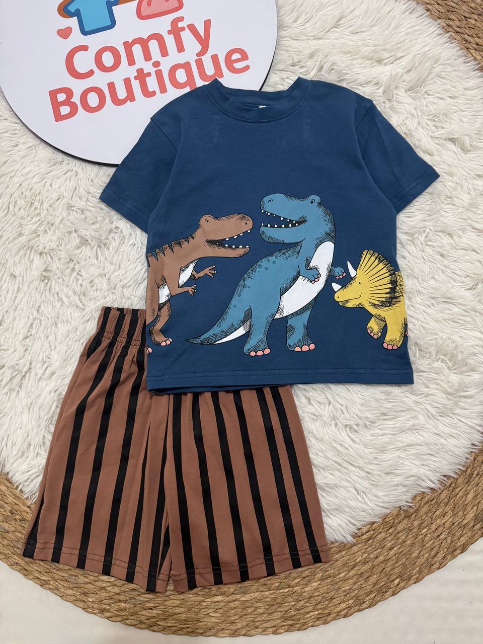 Boys Dinosaur Print Summer Outfit – Blue Cotton T-Shirt & Brown Striped Short Pack of 2 WR007B