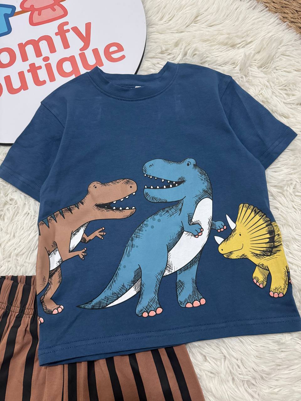 Boys Dinosaur Print Summer Outfit – Blue Cotton T-Shirt & Brown Striped Short Pack of 2 WR007B