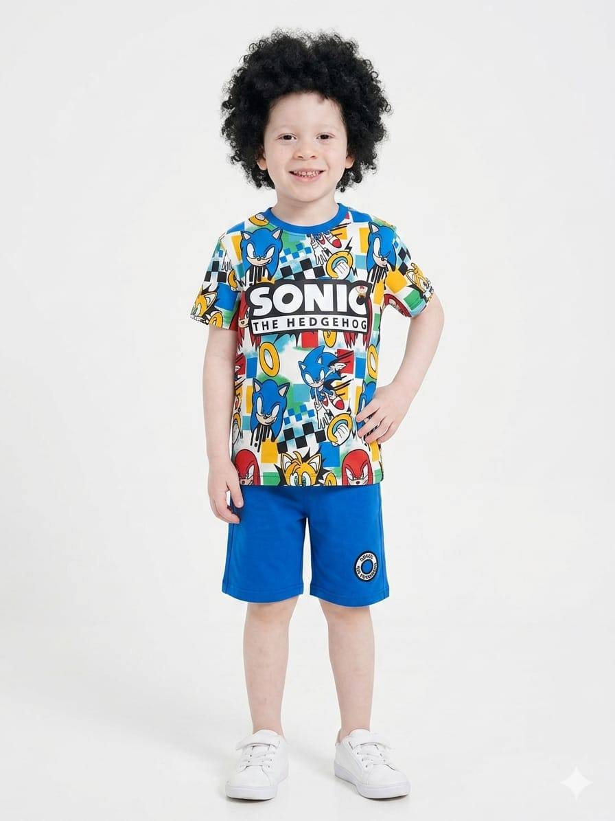 Boys Sonic the Hedgehog Summer Set – Cartoon Printed T-Shirt & Blue Cotton Shorts | Kids Outfit WR006B