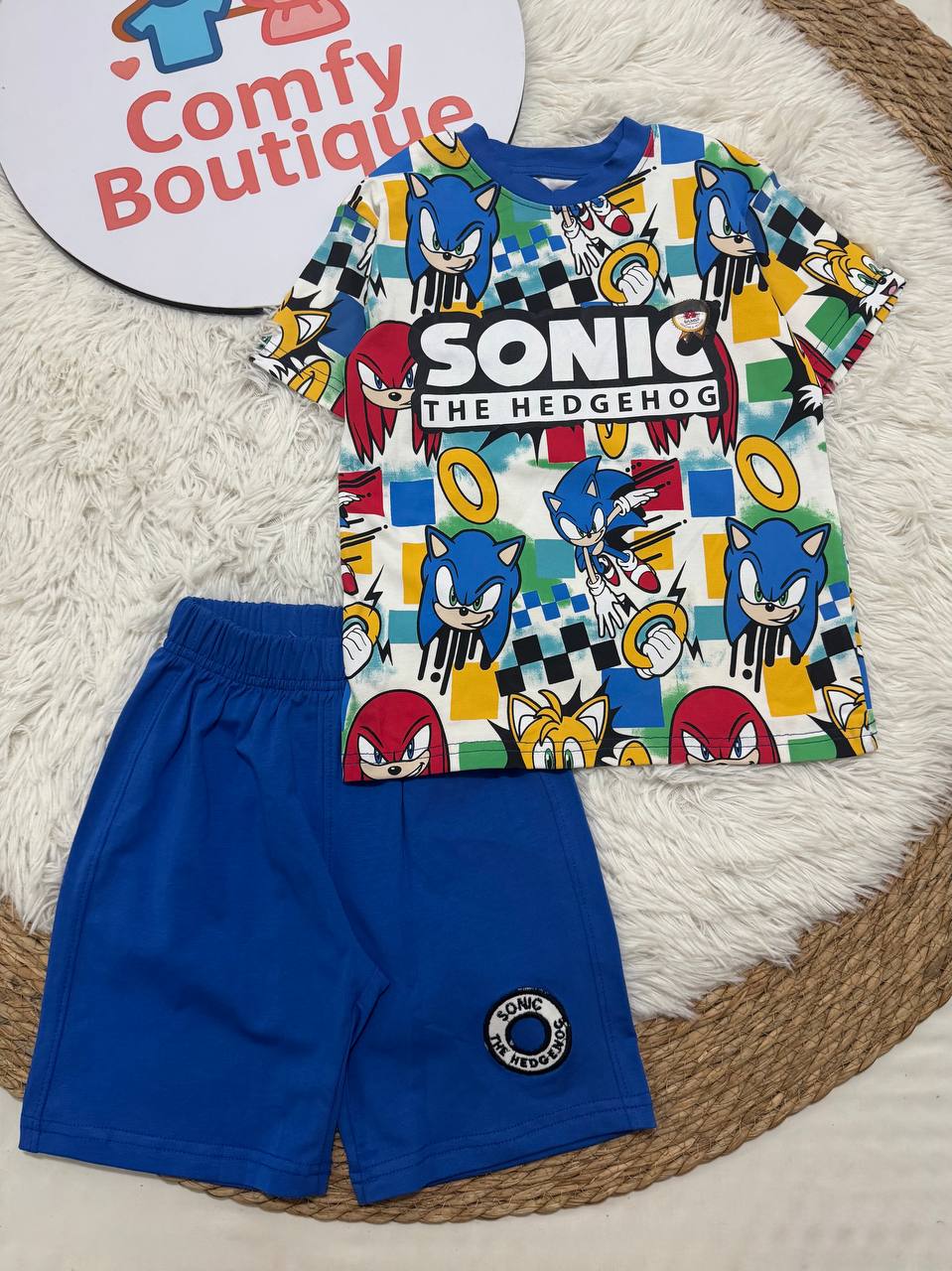 Boys Sonic the Hedgehog Summer Set – Cartoon Printed T-Shirt & Blue Cotton Shorts | Kids Outfit WR006B