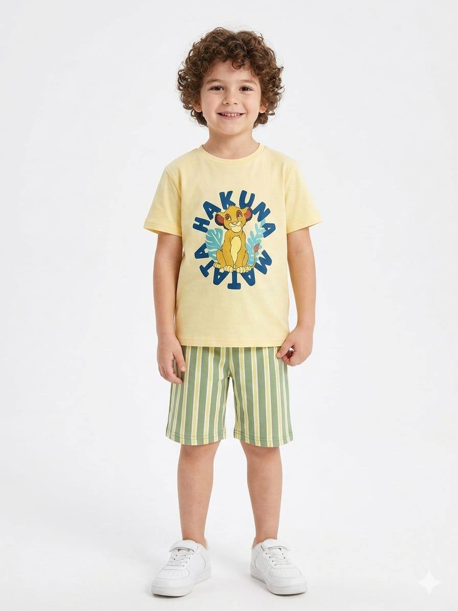 Disney Lion King Hakuna Matata Boys Summer Set – Yellow Cotton T-Shirt & Striped Shorts | Kids Outfit