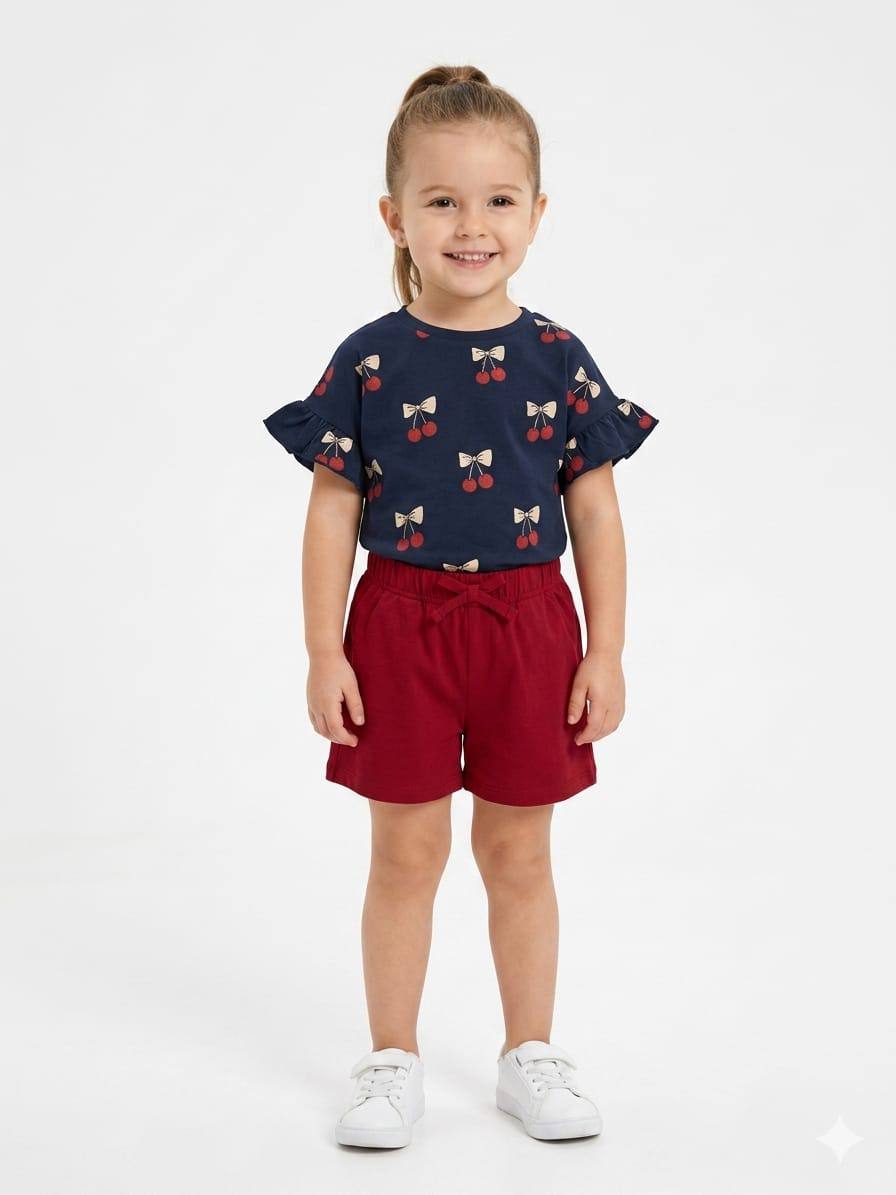 Girls Pink Cartoon Summer Outfit Set – Cotton T-Shirt & Printed Shorts | WR003G Cute Toddler & Kids Clothing